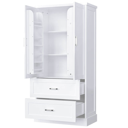 Tall Bathroom Storage Cabinet, Cabinet with Two Doors and Drawers, Adjustable Shelf, MDF Board, White - MarvelouStoree