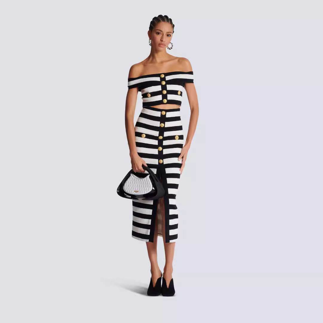 New Black and White Zebra Pattern Bandage Skirt Set European and American Fashion Off Shoulder Short Top Long Skirt Two Piece Set - MarvelouStoree