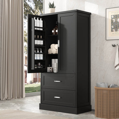 Tall Bathroom Storage Cabinet, Cabinet with Two Doors and Drawers, Adjustable Shelf, MDF Board, Black - MarvelouStoree