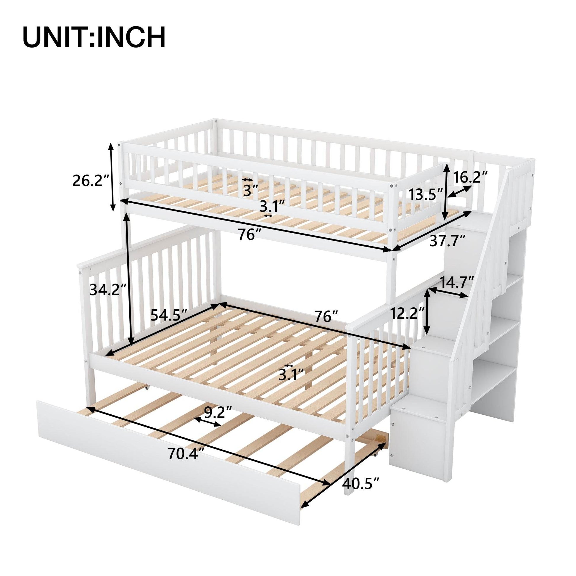 Twin over Full Bunk Bed with Trundle and Staircase White - MarvelouStoree