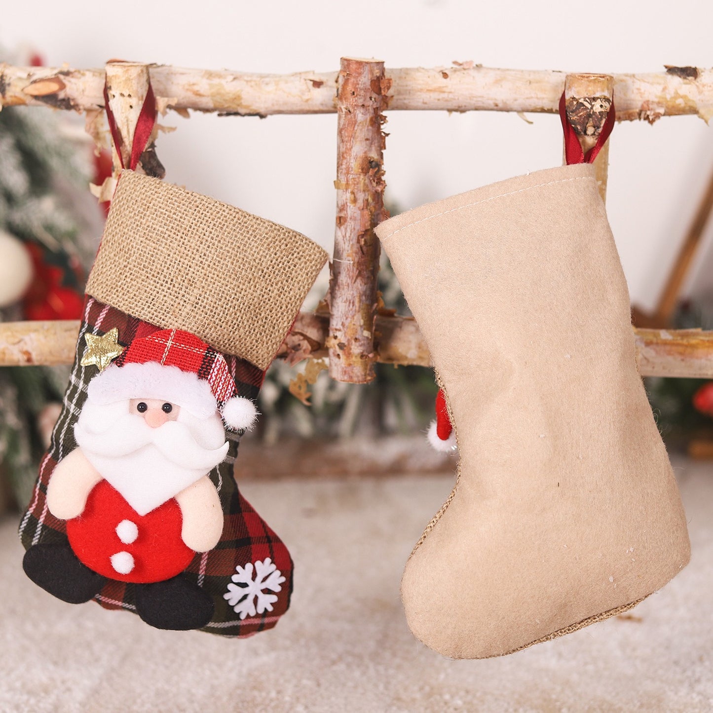 Christmas linen checkered gift bag 3D elderly snowman reindeer figurine Christmas boots pendant