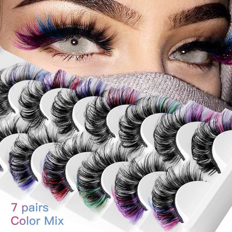 7 Pairs Of Colorful Fried Eyelashes Multi-Layer Thick Cross Mink Hair Imitation D Color Mix 7 - MarvelouStoree