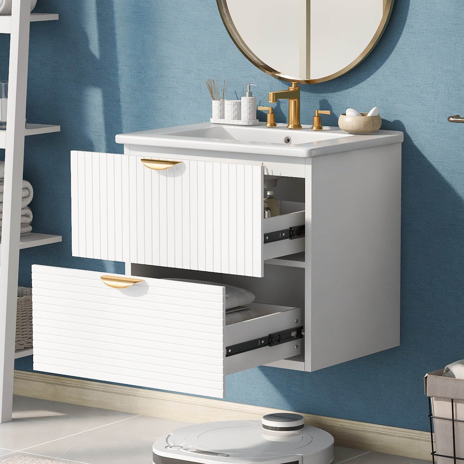 Modern 24-Inch Wall-Mounted Bathroom vanity with 2 Drawers, White - Ideal for Small Bathrooms - MarvelouStoree