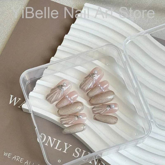 Sea Shells Handmade Press on Nails Ballerina Professional Wearable Reusable False Nail Tip Nail Art With Shiny Pearl - MarvelouStoree