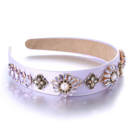 Fashionable Baroque Retro Set Water Diamond Flower Wide Edge Pearl Hair Hoop - MarvelouStoree