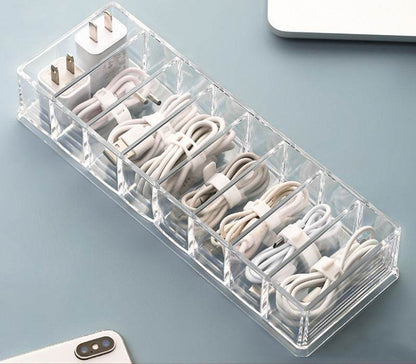 Data Cable Storage Box Transparent With Compartmentalized Charging Cable Organizer Desktop Large Capacity Power Cord Organizer Box - MarvelouStoree