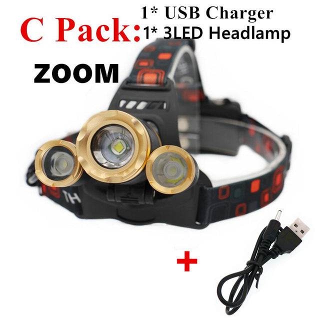 15000Lm XM-T6x3 LED Headlight ZOOM Flashlight Torch Camping Fishing Headlamp lantern Use 2*18650 battery / AC/Car/Usb/ charging - MarvelouStoree