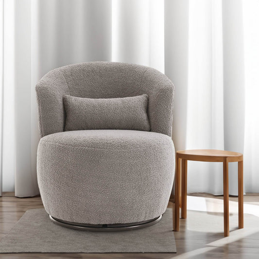 Grey Plush Swivel Accent Chair - Contemporary Round Armchair with 360° Rotation and Metal Base for Living Room Elegance - MarvelouStoree