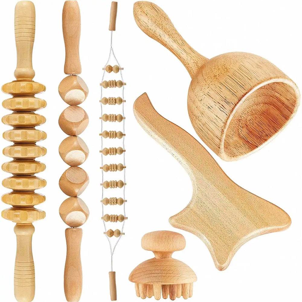 Beech wood therapy scraping cup, meridian dredging roller, tendon rolling stick, scraping board, head massager, massage set - MarvelouStoree