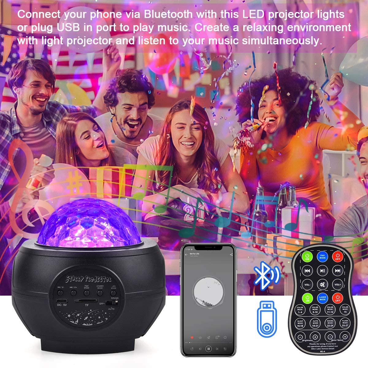 LED Laser Colorful Starry Sky Ocean Projector Night Light Remote Control Ocean Wave Projection Lamp With Bluetooth Music Speaker