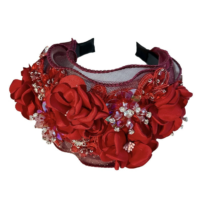 Fabric Flower Heavy Industry Wide Edge Crystal Headband Headband