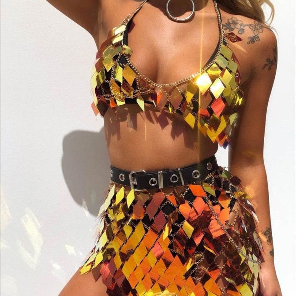 Fashion music festival multi layer radiant rhombus tassel chest chain body chain party performance waist chain - MarvelouStoree