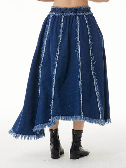 High Elastic Waist Blue Irreuglar Burr Long Casual Half-body Skirt Women Fashion New Spring Autumn - MarvelouStoree