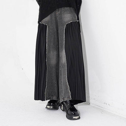 Retro pleated niche design spliced washed denim casual pants new loose slimming cropped pants - MarvelouStoree