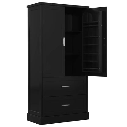 Tall Bathroom Storage Cabinet, Cabinet with Two Doors and Drawers, Adjustable Shelf, MDF Board, Black - MarvelouStoree