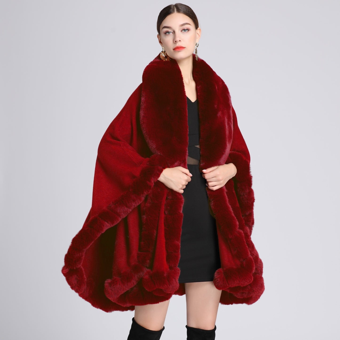 Fur Collar Shawl Cape Knitted Cardigan Baggy Coat