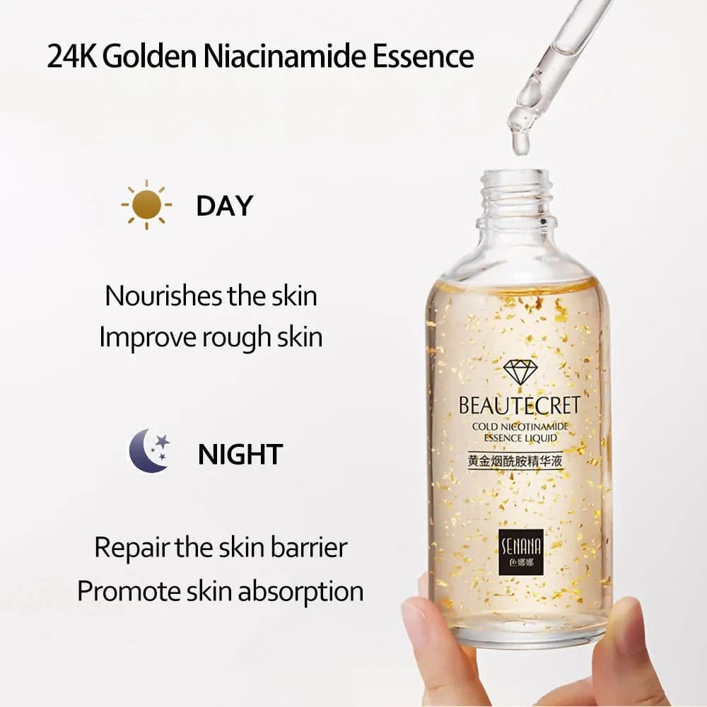 100ml 24K Gold Niacinamide Essence Anti Aging Hyaluronic Acid Face Serum Shrink Pore Replenishment Moisturize Brighten Skin Care - MarvelouStoree