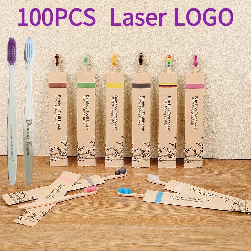 100pack Customized Laser Engraving Logo Bamboo Toothbrushes Portable Eco Friendly Adults Wooden Tooth Brush Hotel Supply product - MarvelouStoree