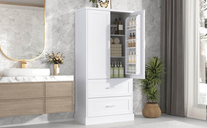 Tall Bathroom Storage Cabinet, Cabinet with Two Doors and Drawers, Adjustable Shelf, MDF Board, White - MarvelouStoree