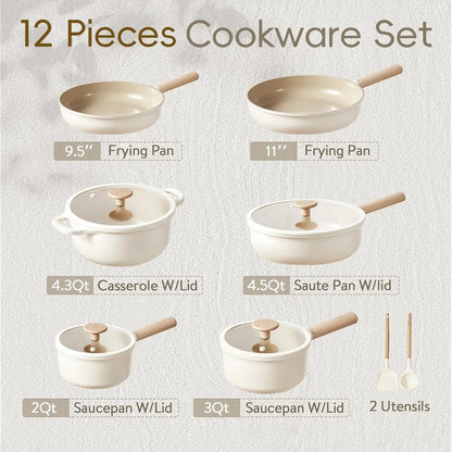 12 Pcs Pots and Pans Set, Nonstick Cookware Sets, Healthy Induction Kitchen Granite Cooking Set w/Frying Pans & Saucepan