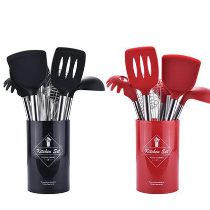 9pcs/set Stainless Steel Silicone Kitchen Utensil Set Tong Spoon Spatula Whisk Strainer Cooking Utensil with Storage Bucket