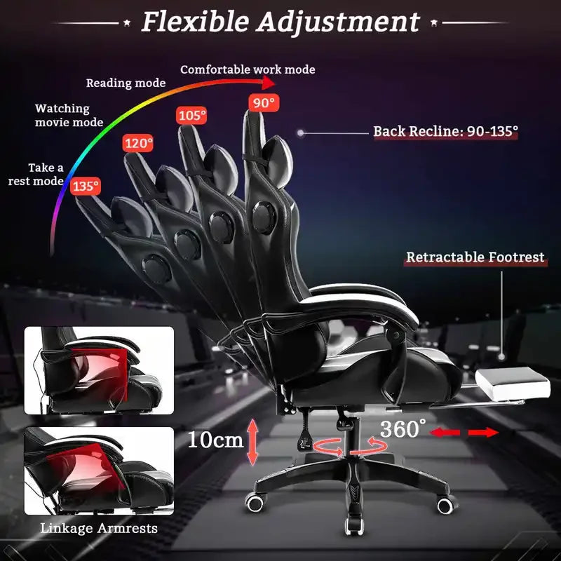 135 Degrees Gaming Chair RGB Light Office Chair Bluetooth Speaker Gamer Computer Chair Ergonomic Swivel 2 Point Massage Recliner