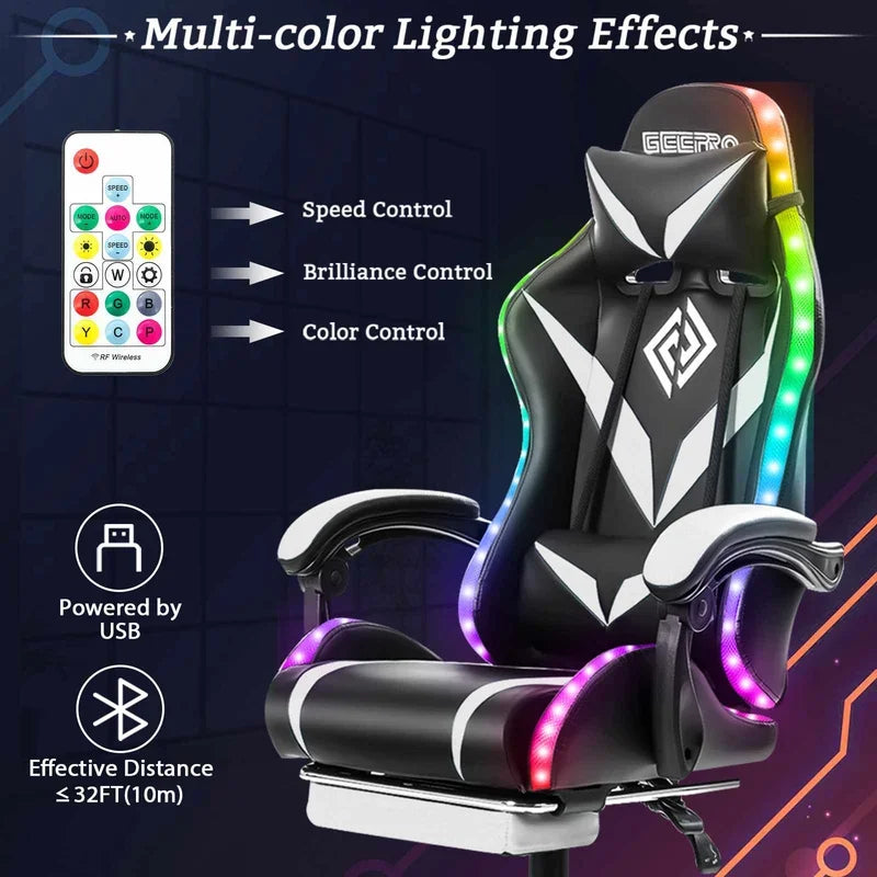 135 Degrees Gaming Chair RGB Light Office Chair Bluetooth Speaker Gamer Computer Chair Ergonomic Swivel 2 Point Massage Recliner