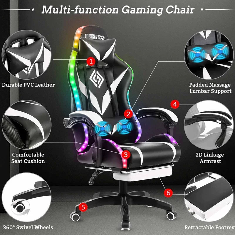 135 Degrees Gaming Chair RGB Light Office Chair Bluetooth Speaker Gamer Computer Chair Ergonomic Swivel 2 Point Massage Recliner