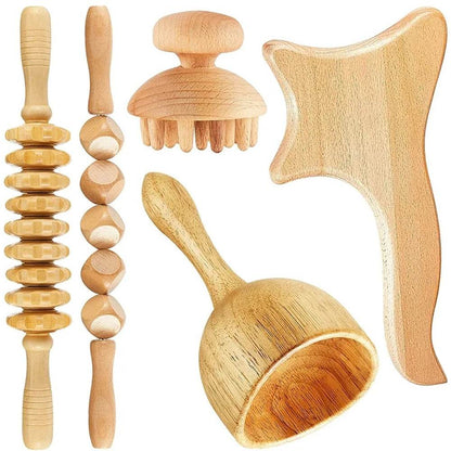 Beech wood therapy scraping cup, meridian dredging roller, tendon rolling stick, scraping board, head massager, massage set - MarvelouStoree