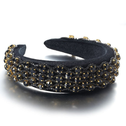 Fashionable full set rhinestone wide edge solid color sponge head hoop