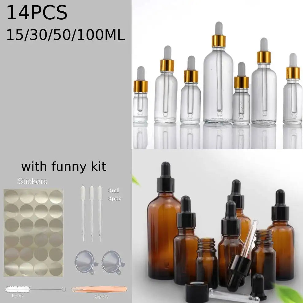 14PCS 15/30/50/100ml Glass Eye Dropper M Bottles with Funnels Labels Amber Tincture Leakproof Essential Oils Pipette Aromatherapy