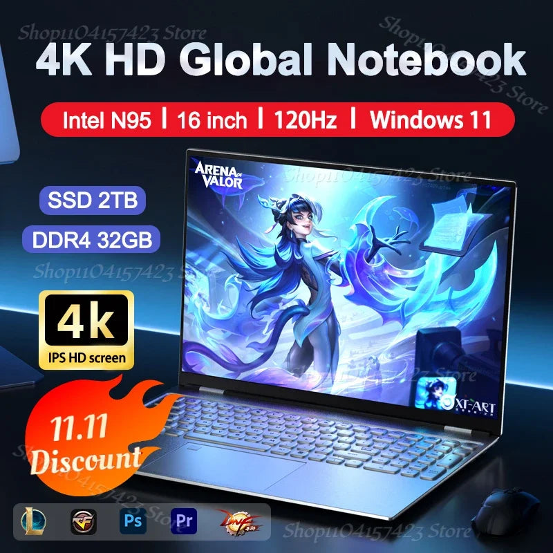 16 ''Laptop Intel N95 4K HD 120HZ Display 32GB 2TB Windows 11 Pro Office Gaming Notebook Computer Vingerafdruk Ontgrendelen PC