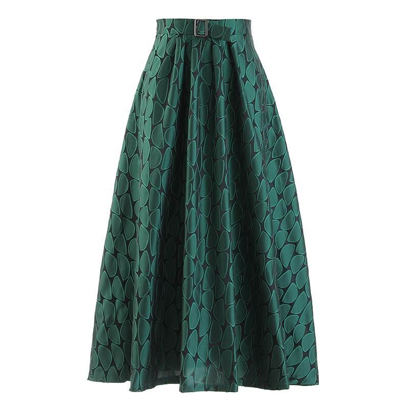 High Waist Green Pattern Printed Long Elegant A-line Half-body Skirt Women Fashion New Spring Autumn - MarvelouStoree