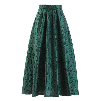 High Waist Green Pattern Printed Long Elegant A-line Half-body Skirt Women Fashion New Spring Autumn - MarvelouStoree