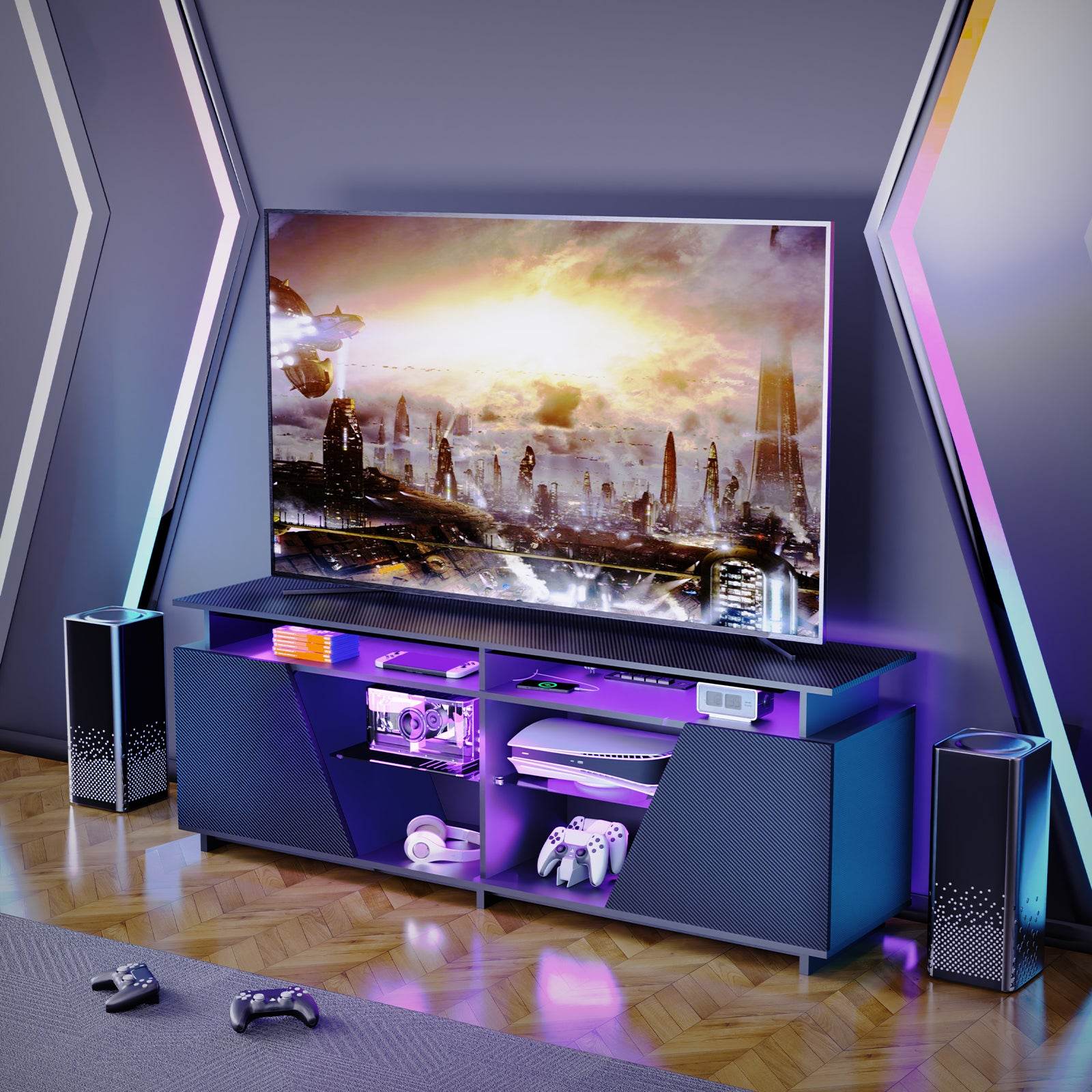 Gaming TV Stand for PS5 with Power Outlet,for TVs 75 inch and Below,LED Entertainment Center,Suitable for Living Room,Bedroom - MarvelouStoree