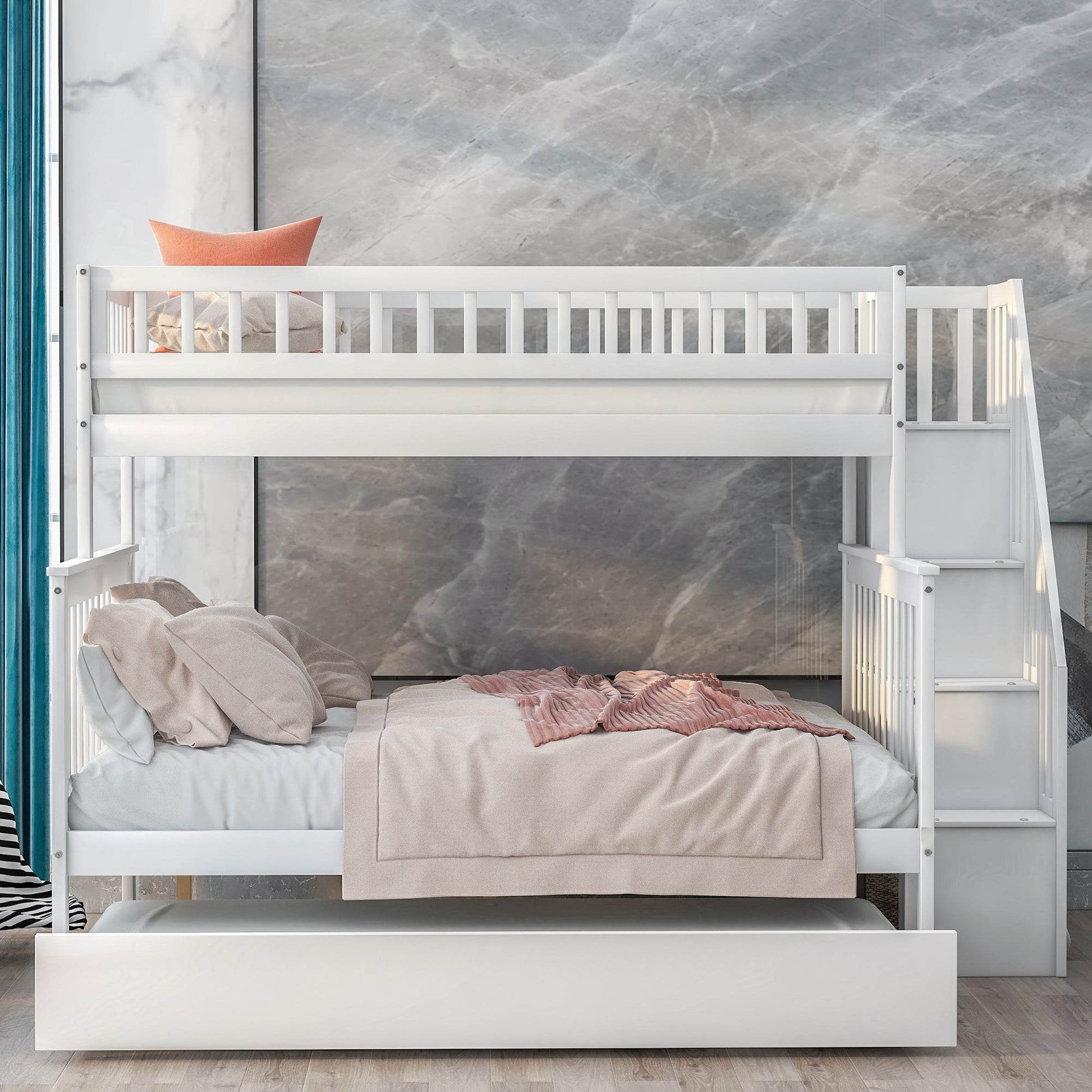 Twin over Full Bunk Bed with Trundle and Staircase White - MarvelouStoree