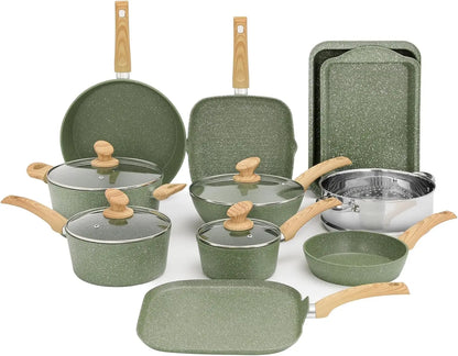 17 Pieces Induction Cookware Set, Green Granite Pots and Pans Set, Nonstick Cooking Pans Set