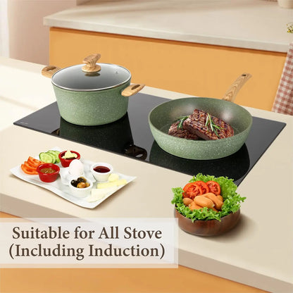 17 Pieces Induction Cookware Set, Green Granite Pots and Pans Set, Nonstick Cooking Pans Set