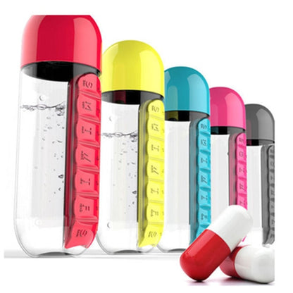 600ml Sports Plastic Water Bottle Combine Daily Pill Boxes Organizer Drinking Bottles Leak-Proof Bottle Tumbler Outdoor