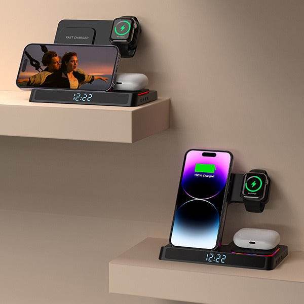 Wireless charging four in one folding clock charging dock suitable for wireless charging of Apple 14 mobile phones and watches - MarvelouStoree