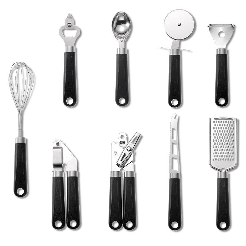 9 Pcs Stainless Steel Kitchen Utensil Set Cooking Tools Gadget with Can Opener Garlic Cheese Grater Knife Pizza Cutter Whisk