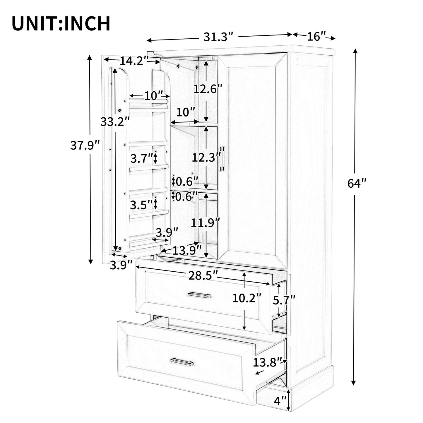 Tall Bathroom Storage Cabinet, Cabinet with Two Doors and Drawers, Adjustable Shelf, MDF Board, White - MarvelouStoree