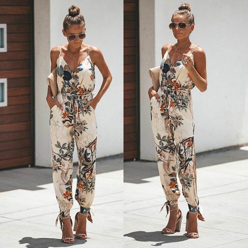 V Neck Sexy Bodysuits Women With Belt Body Femme Feminino Floral Playsuit Overalls Print Spring Summer Jumpsuit - MarvelouStoree