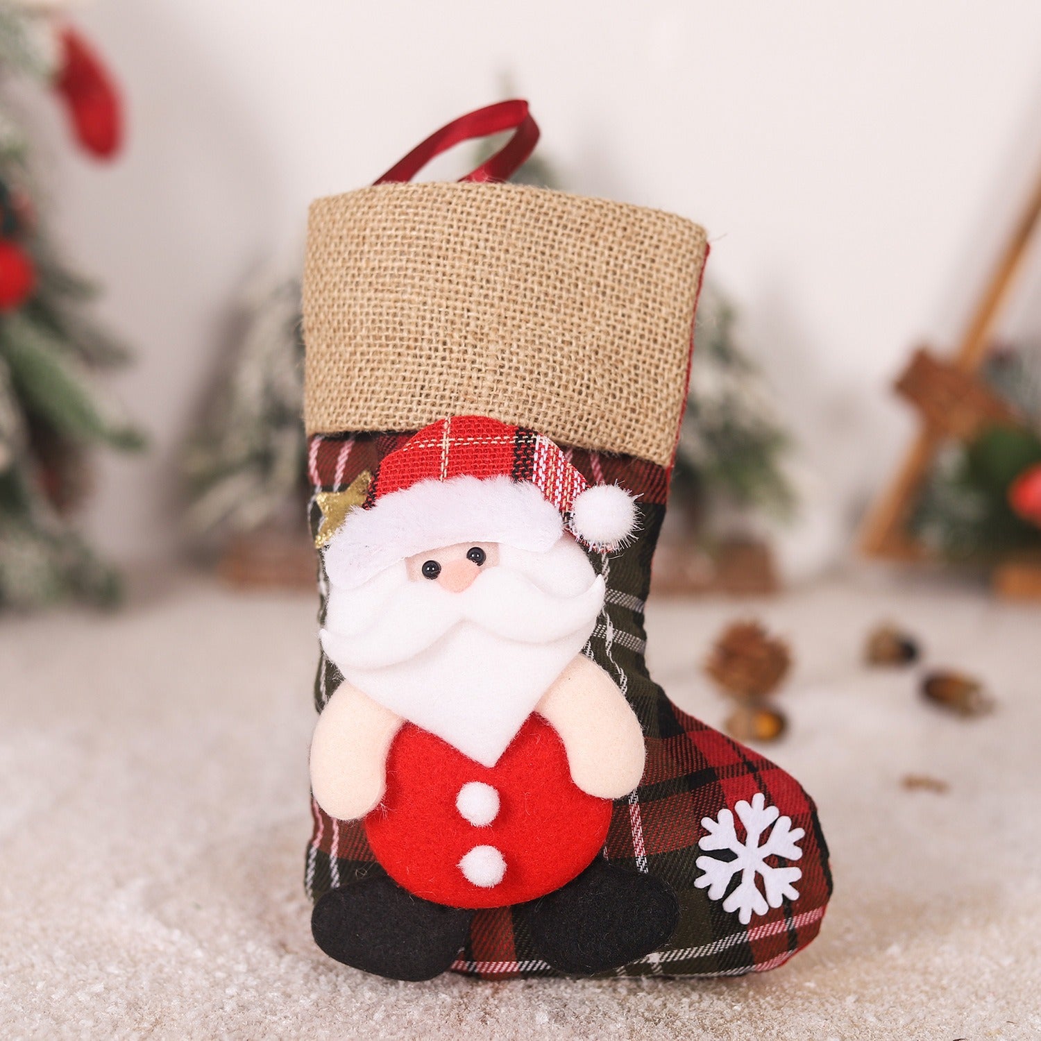 Christmas linen checkered gift bag 3D elderly snowman reindeer figurine Christmas boots pendant