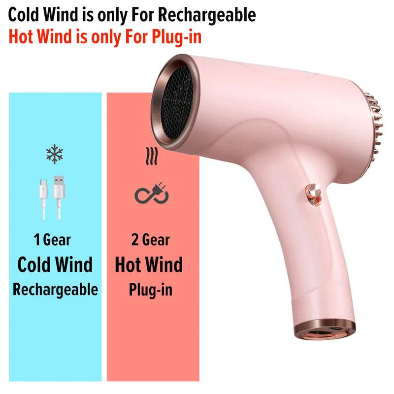 2600mAh Cordless Anion Blow Dryer Portable Hair Dryer 40/500W USB Rechargeable Powerful 2 Gears for Household Travel Salon - MarvelouStoree