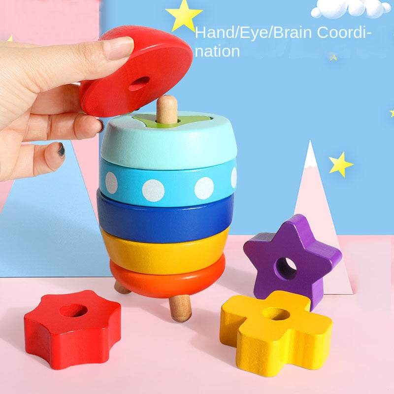 Stacked Rocket Wooden Children's Shape Matching Cognitive Geometry Toy Rainbow Tower Circle Stacked Music Collar Ring - MarvelouStoree