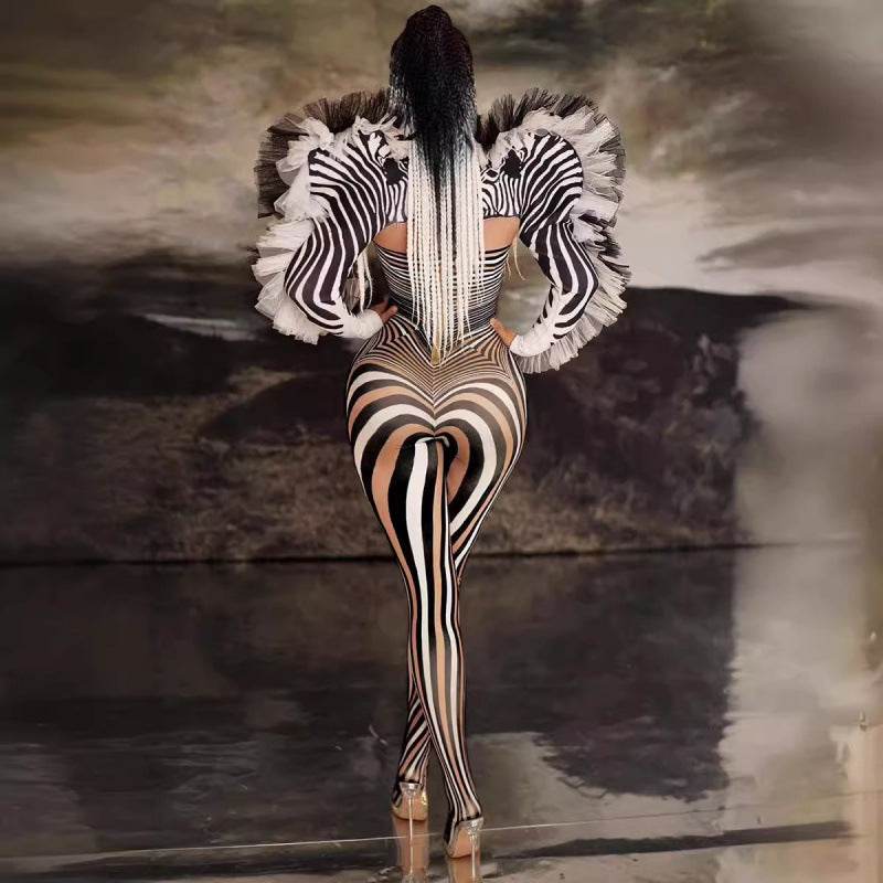 New Performance Costume Bar Nightclub Female Singer Guest Dance Fake Meat Print Striped Zebra Head jumpsuit - MarvelouStoree