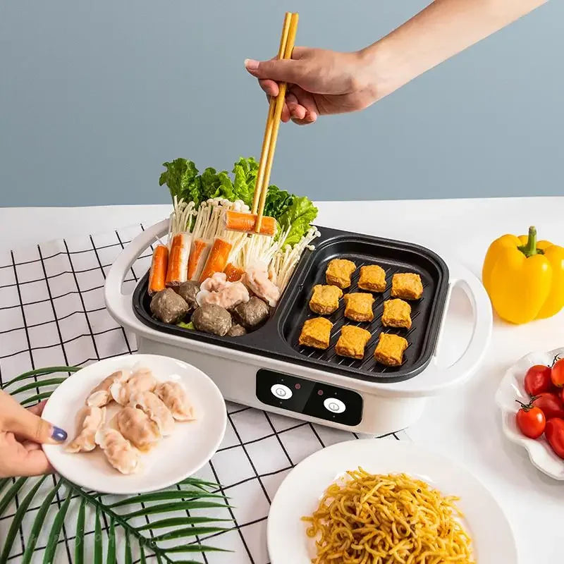 2 in 1 Electric Multi Cooker Shabu Pot and Griddle BBQ Grill Fryer Pan Hot Pot with BBQ Grill Steaks Ramen Noodles Cooking Pot