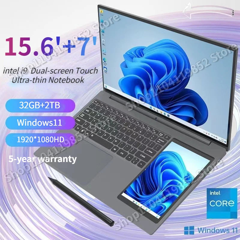 2024 NEW 15.6'+7' Dual Touch Laptop Intel N95 Core i7-8500U Notebook Windows11 Ultra-thin 32GB RAM 2TB SSD 1920x1080 Original