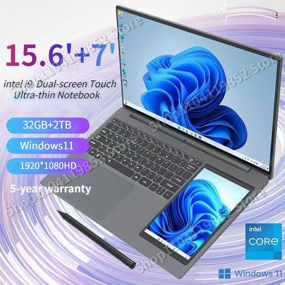 2024 NEW 15.6'+7' Dual Touch Laptop Intel N95 Core i7-8500U Notebook Windows11 Ultra-thin 32GB RAM 2TB SSD 1920x1080 Original